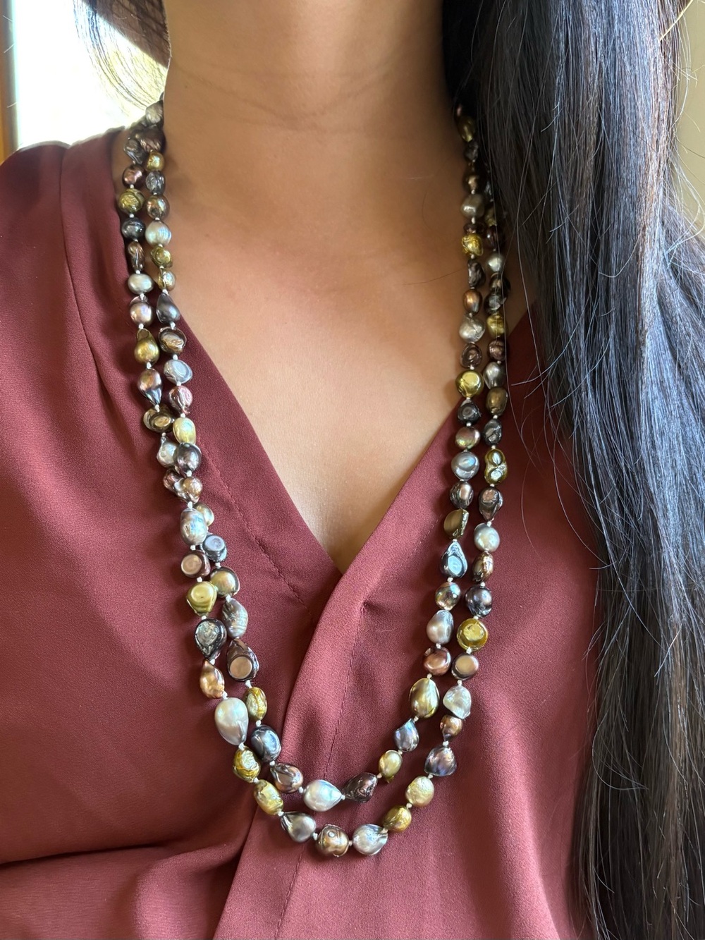 60" Vintage Freshwater Pearl Necklace Peacock Metallic Baroque Continuous Rope